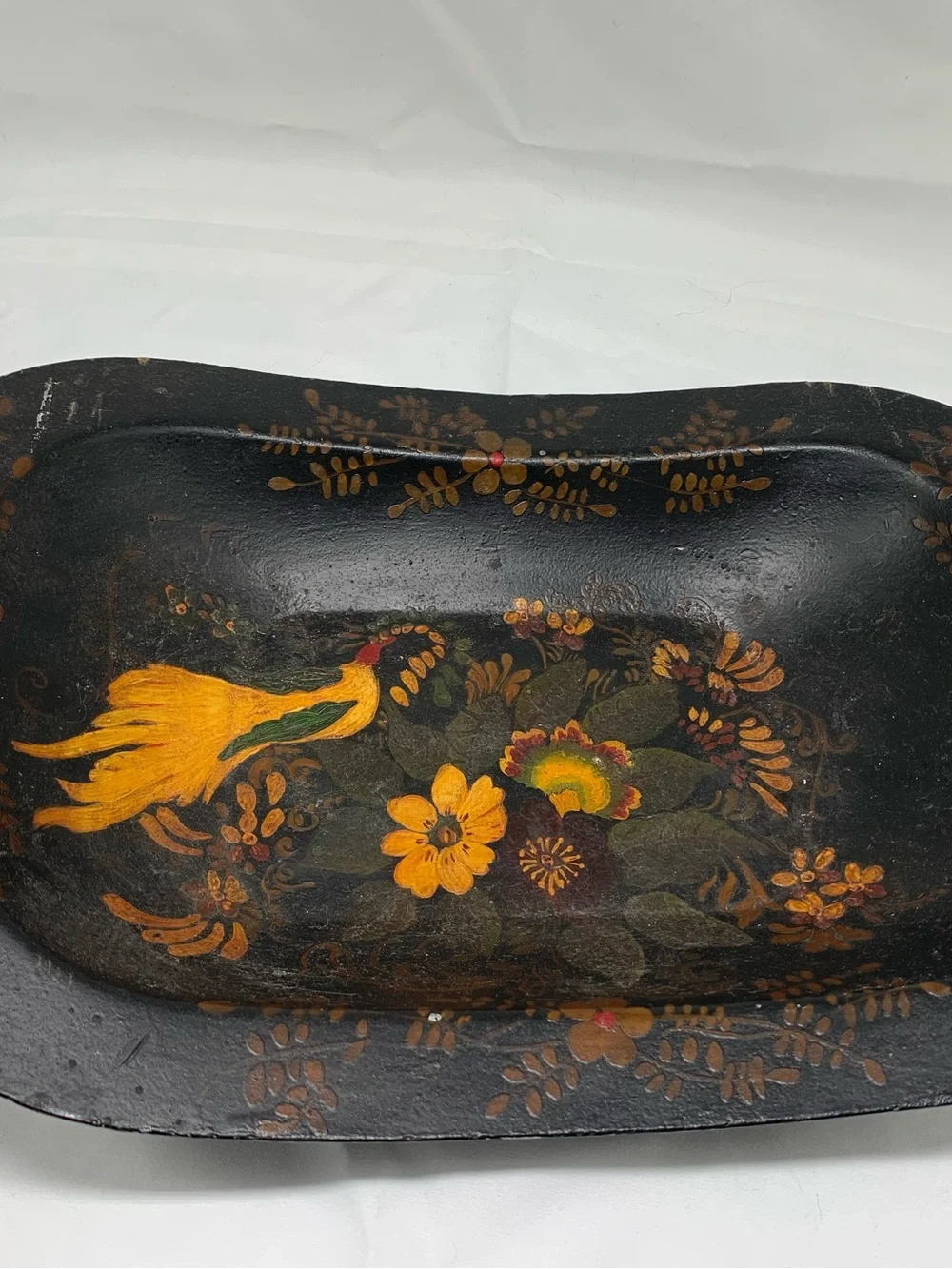 Hand-Painted Floral Black Decorative metal Tray with Yellow Accents